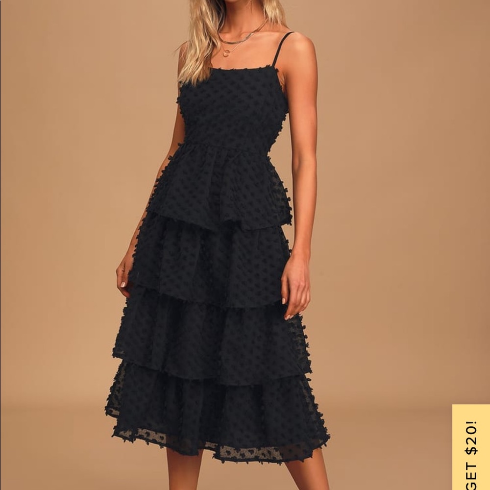 Lulus Black Tiered Pom Pom Midi Dress